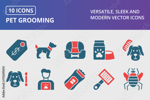 Pet Grooming Glyph Two Color Icons Set