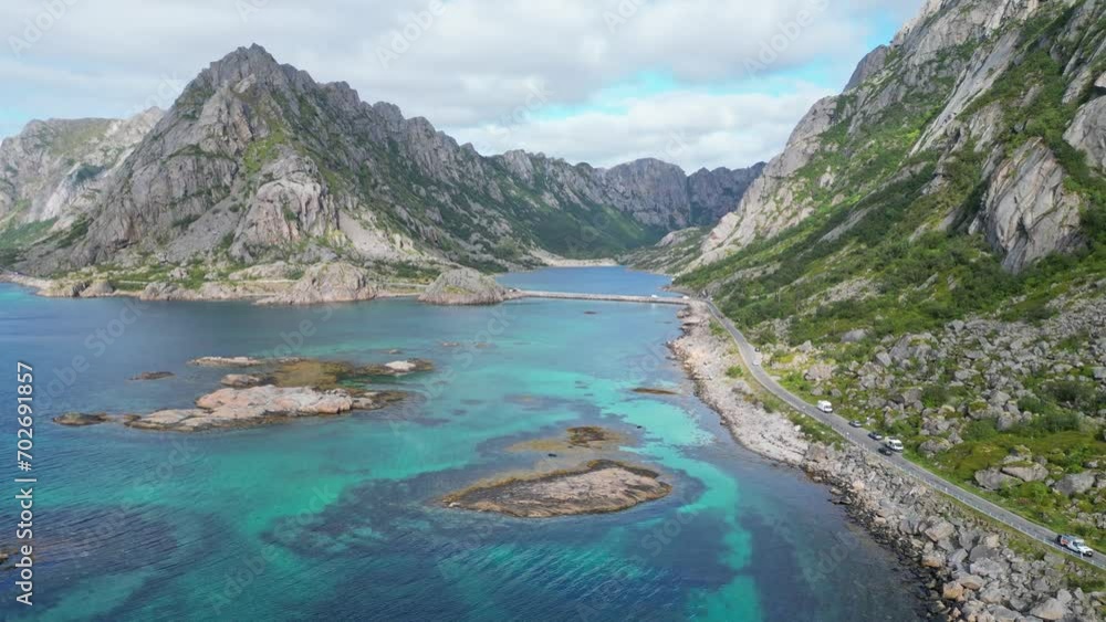 Scenic Road to Rorvikstranda Beach in Lofoten Island, Norway, Scandinavia - Aerial 4k Scenic Road to Rorvikstranda Beach in Lofoten Island, Norway, Scandinavia - Aerial 4k