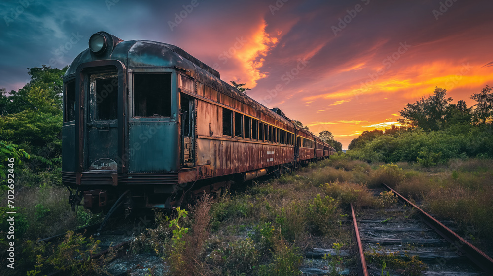 Obraz premium Abandoned train under fiery sky.