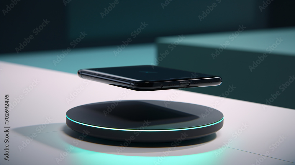 Futuristic floating phone charging on a wireless charger Futuristic floating phone charging on a wireless charger