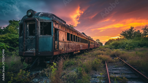 Abandoned train under fiery sky.