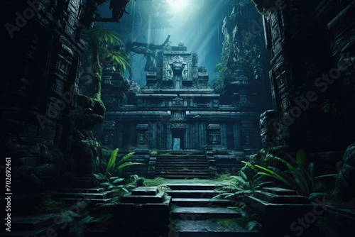 An ancient temple in a mysterious jungle, illuminated by the light of a full moon