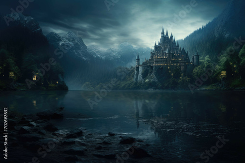 A mystical lake with a castle in the background  with a magical atmosphere