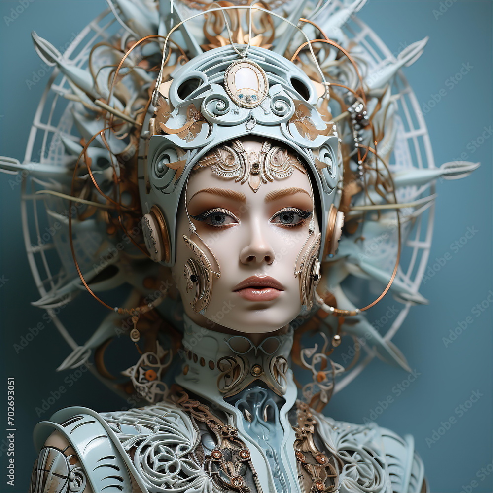 Portrait of beautiful robot woman in cyber suit. Life in future concept. AI generated