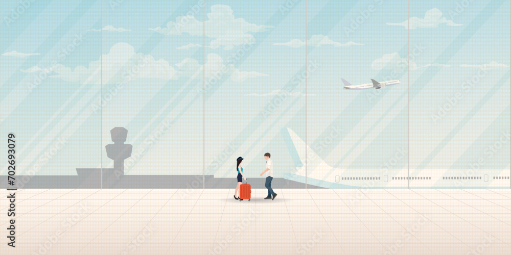 Couple of lover meeting at the airport have plane and blue sky background through windows vector illustration. Journey of sweetheart concept flat design have blank space. - obrazy, fototapety, plakaty 