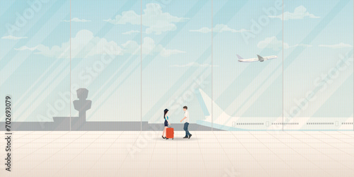 Couple of lover meeting at the airport have plane and blue sky background through windows vector illustration. Journey of sweetheart concept flat design have blank space. photo