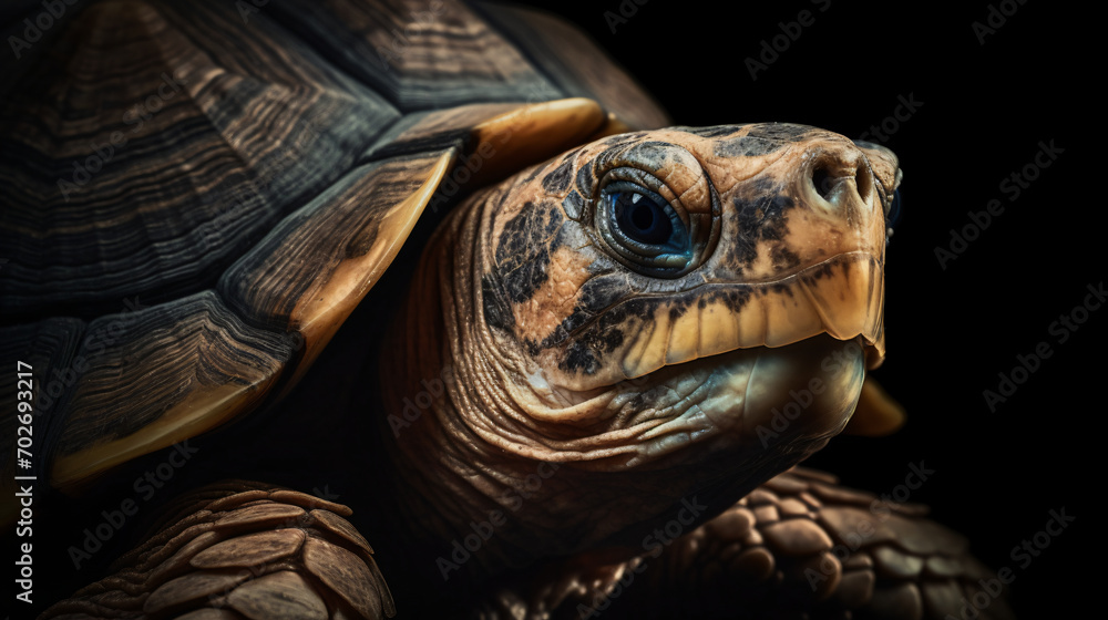 An ultra-detailed portrait of a pet tortoise, showcasing the intricacies of its textured shell and the wise expression in its eyes. Use controlled lighting to bring out the details of the tortoise's f An ultra-detailed portrait of a pet tortoise, showcasing the intricacies of its textured shell and the wise expression in its eyes. Use controlled lighting to bring out the details of the tortoise's f