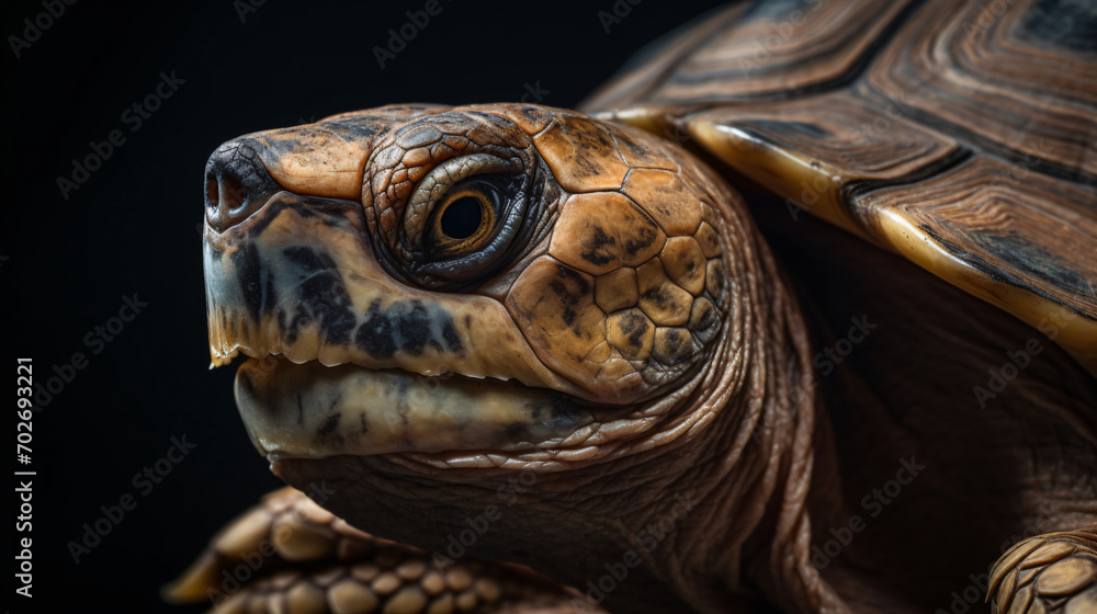 An ultra-detailed portrait of a pet tortoise, showcasing the intricacies of its textured shell and the wise expression in its eyes. Use controlled lighting to bring out the details of the tortoise's f An ultra-detailed portrait of a pet tortoise, showcasing the intricacies of its textured shell and the wise expression in its eyes. Use controlled lighting to bring out the details of the tortoise's f