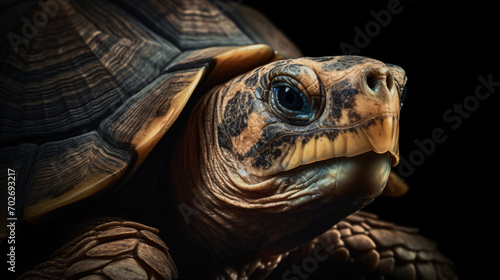 An ultra-detailed portrait of a pet tortoise, showcasing the intricacies of its textured shell and the wise expression in its eyes. Use controlled lighting to bring out the details of the tortoise's f