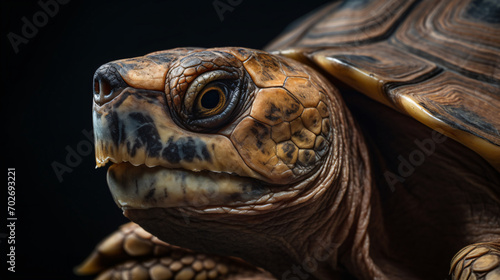 An ultra-detailed portrait of a pet tortoise, showcasing the intricacies of its textured shell and the wise expression in its eyes. Use controlled lighting to bring out the details of the tortoise's f