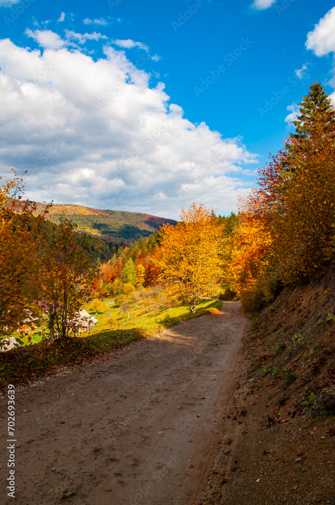 The road in a mountain village. Autumn sunny landscape among the mountains The road in a mountain village. Autumn sunny landscape among the mountains