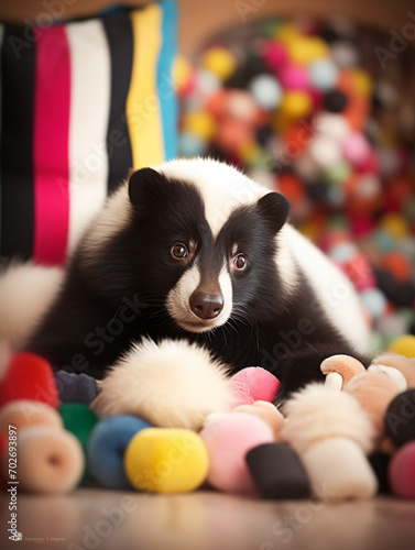 An endearing shot of a domesticated skunk sitting on a plush velvet cushion, surrounded by pastel-colored toys. Emphasize the cuteness and gentleness of this unconventional pet in a cozy indoor settin