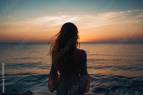 Young woman looking towards the sunset in the sea