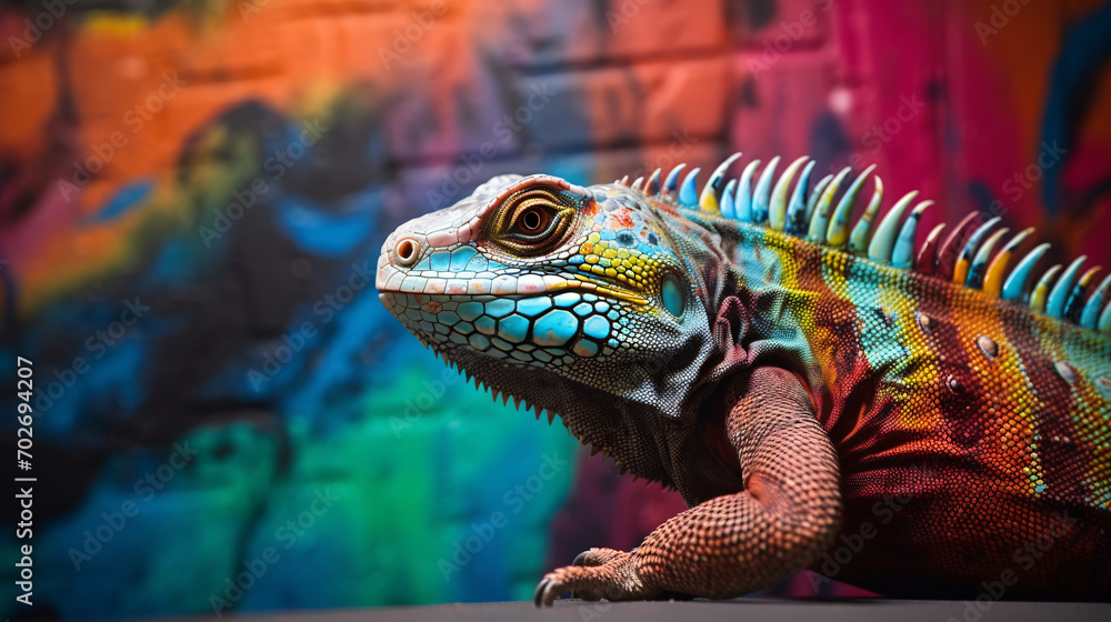 Obraz premium A stunning shot of a pet reptile, such as a snake or lizard, posed against a backdrop of vibrant abstract art. Emphasize the contrast between the exotic pet and the contemporary, artistic setting.