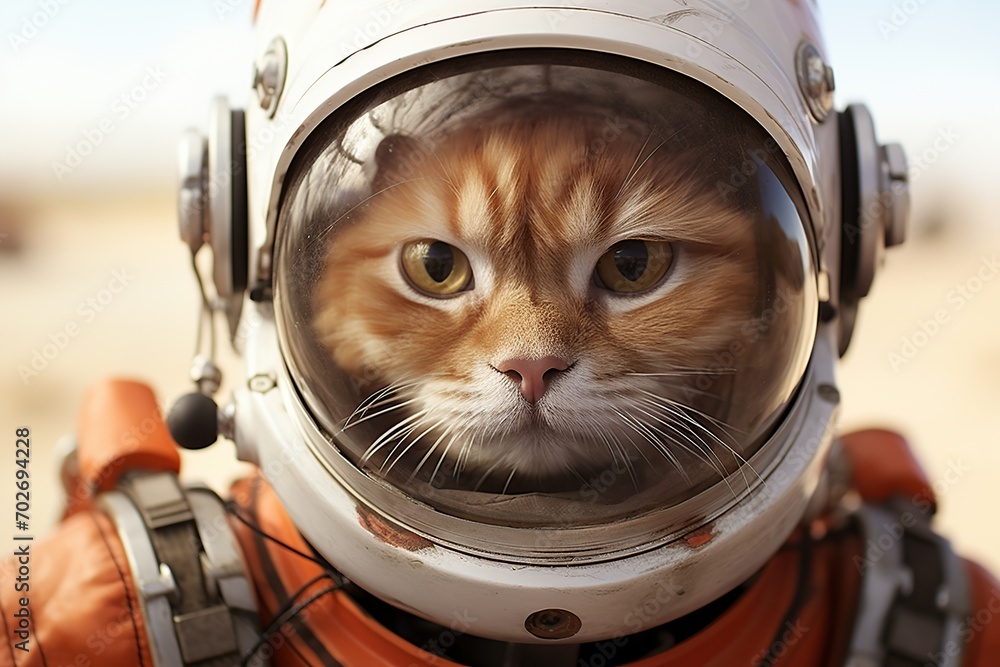 Beautiful orange astronaut cat on white background