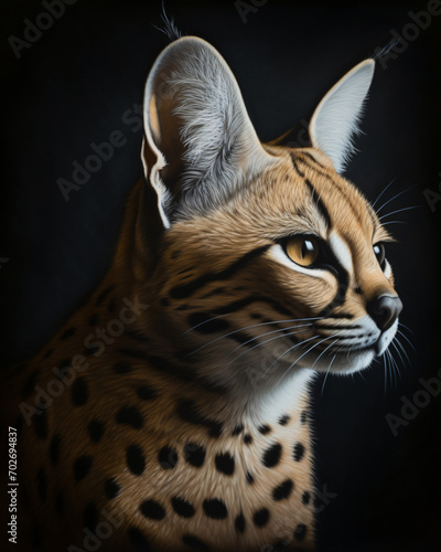 A hyper-realistic portrait of a domesticated serval cat, capturing every whisker and the sleek contours of its fur. Use natural lighting to emphasize the cat's wild beauty and create a detailed, lifel © Possibility Pages