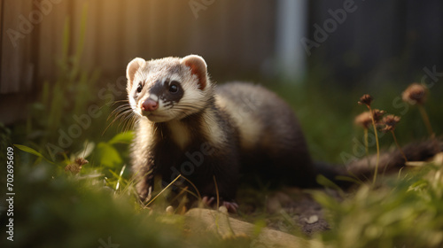 A highly detailed image of a pet ferret exploring a spacious, sunlit backyard. Showcase the fine texture of the ferret's fur and the openness of its outdoor environment, emphasizing the playful and in