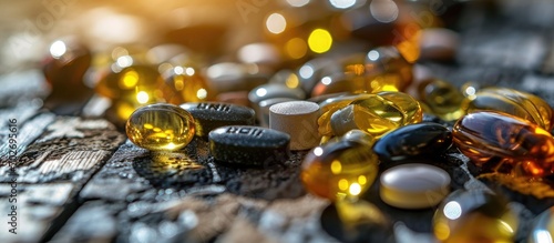 Daily consumption of vitamin capsules and biologically active dietary supplements (BADS) for healthcare, including vitamin omega-3, D, and collagen pills. photo