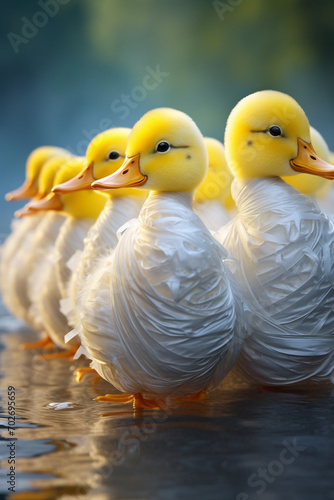 A charming image of a family of bubble wrap ducks waddling in a line.