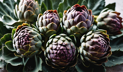 AI generated illustration of a close-up view of green artichokes on a white table surface