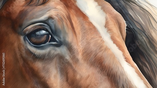 AI generated illustration of a portrait of a brown horse in watercolor