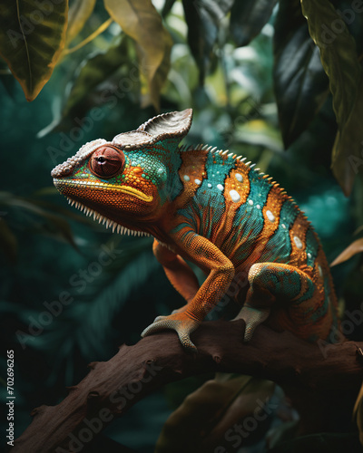 A captivating shot of a pet chameleon  blending seamlessly into a vibrant  tropical backdrop of exotic plants. Showcase the reptile s color-changing abilities and the enchanting harmony with its surro