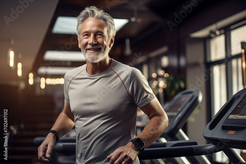 Happy Senior Man Running on Treadmill in Gym