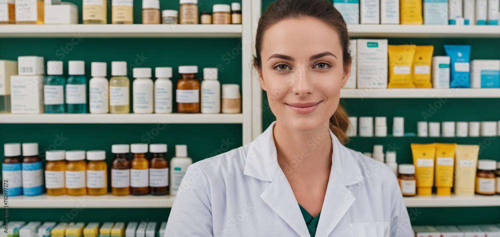 AI generated illustration of a female pharmacist standing behind the counter in a pharmacy
