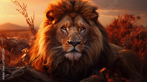 Majestic Lion Resting in Grass at Sunset  A Serene Moment in the Wild Capturing the King of the Jungle