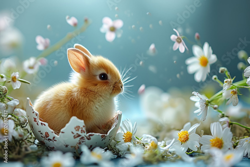 Happy Easter day , Baby rabbit in egg shell with easter egg elements and spring flower in nature background