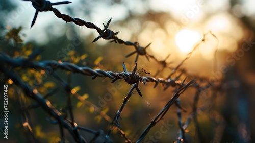Barbed wire. Steel fencing wire constructed with sharp edges or points arranged at intervals along the strands. Barb wire © Vladimir