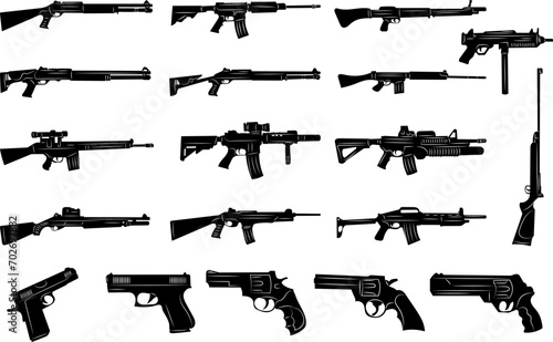 set of weapons, pistols, rifles silhouette on a white background, vector