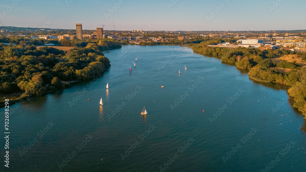 Aerial view of Brent Reservoir, London, England in summer