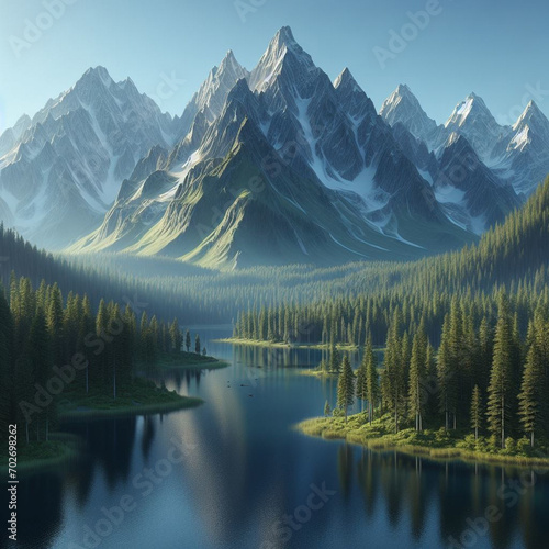 Picturesque Mountain Landscape: Peaks, Forest and Lake in the United Symphony of Nature, Where Lightness of Breath Conquers the Height and Tranquility Fills the Soul.