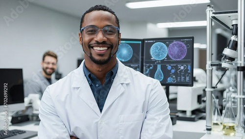 Confident black male scientist in lab coat, laboratory setting, smiling, high-tech background, medical research professional.