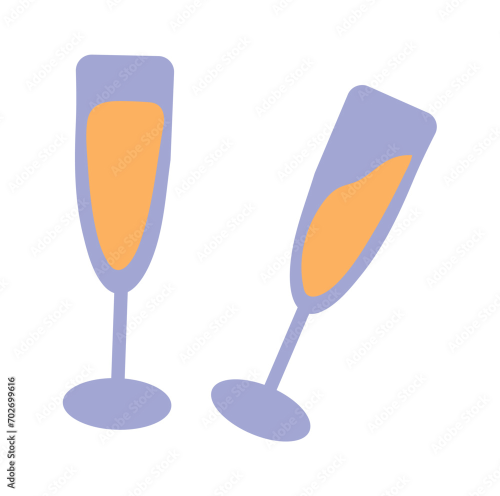 Element of cozy winter set in colorful design. Against a pristine white background, the delicately crafted champagne glasses sparkle with a touch of seasonal magic. Vector illustration. Element of cozy winter set in colorful design. Against a pristine white background, the delicately crafted champagne glasses sparkle with a touch of seasonal magic. Vector illustration.