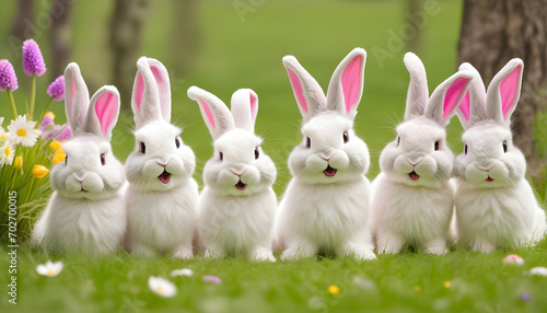 cute easter bunnies on a green meadow with painted eggs