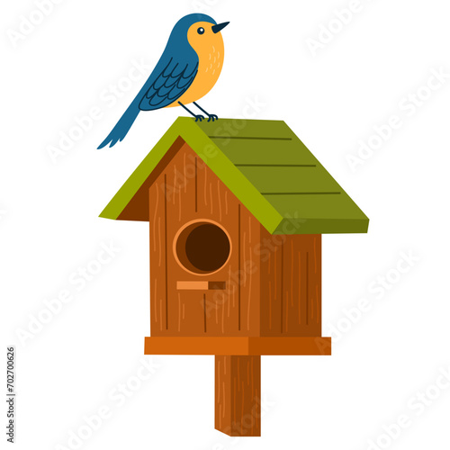 Birdhouse with a bird on the roof. Cartoon vector illustration isolated on white background.