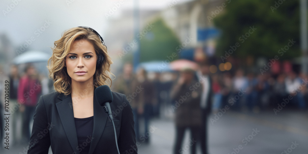 reporter female with microphone correspondent from the scene Generative AI