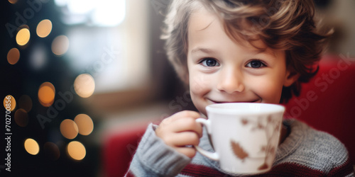 child drinks a hot drink on a blurred background Generative AI