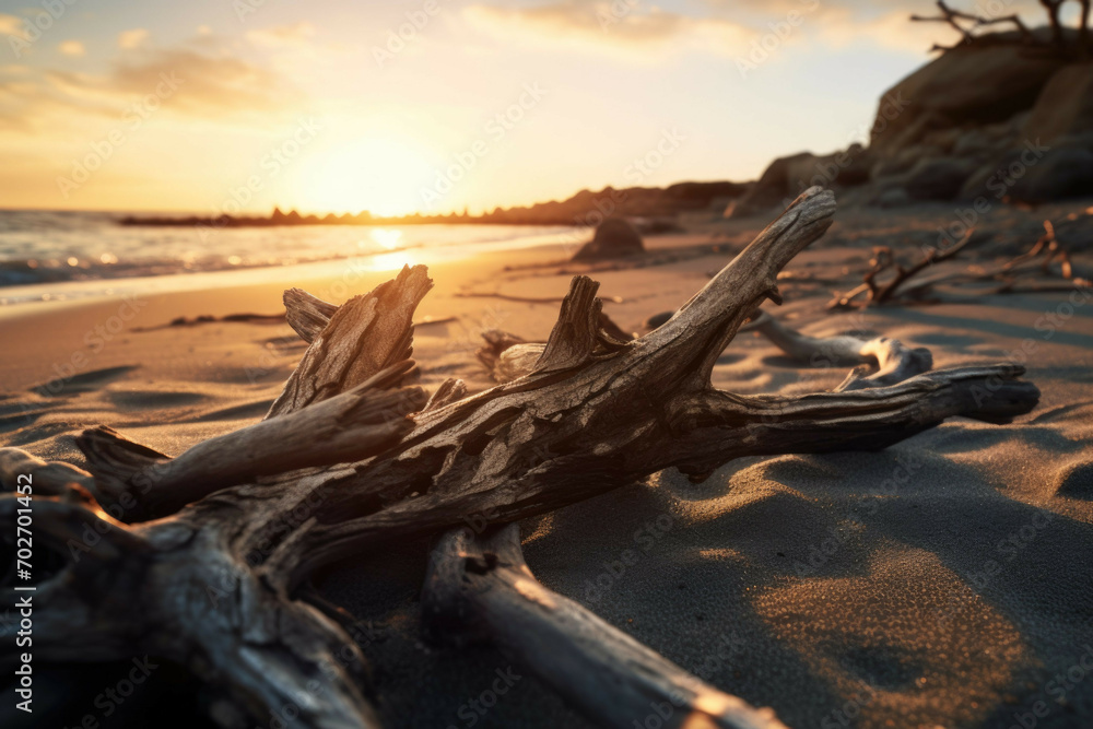 a beach with driftwood scattered across the sand, illuminated by the light of the setting sun