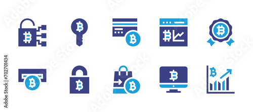 Fototapeta Naklejka Na Ścianę i Meble -  Bitcoin icon set. Duotone color. Vector illustration. Containing bitcoin, computer, lock, key, reward, locker, credit card, graph, atm machine, shopping bag.