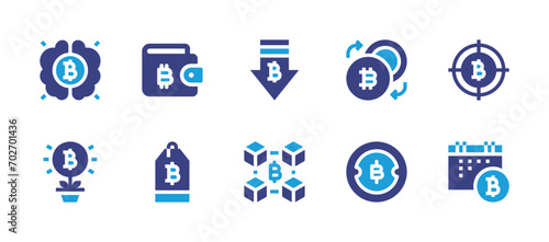 Bitcoin icon set. Duotone color. Vector illustration. Containing exchange, wallet, bitcoin, bitcoin tag, aim, brain, down, time, growth, blockchain.