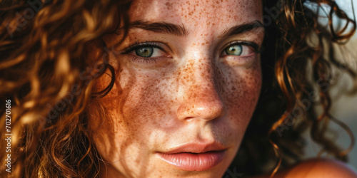 curly girl with freckles close-up Generative AI