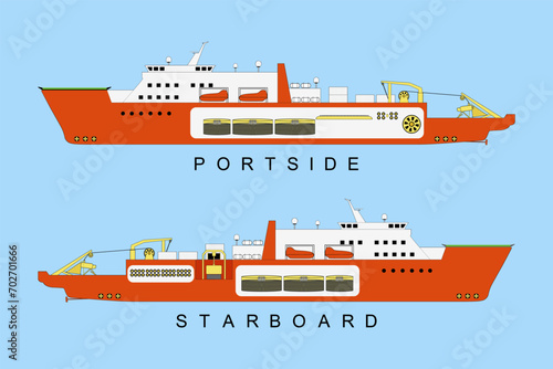Portside and starboard of a cable ship. Flat vector design.