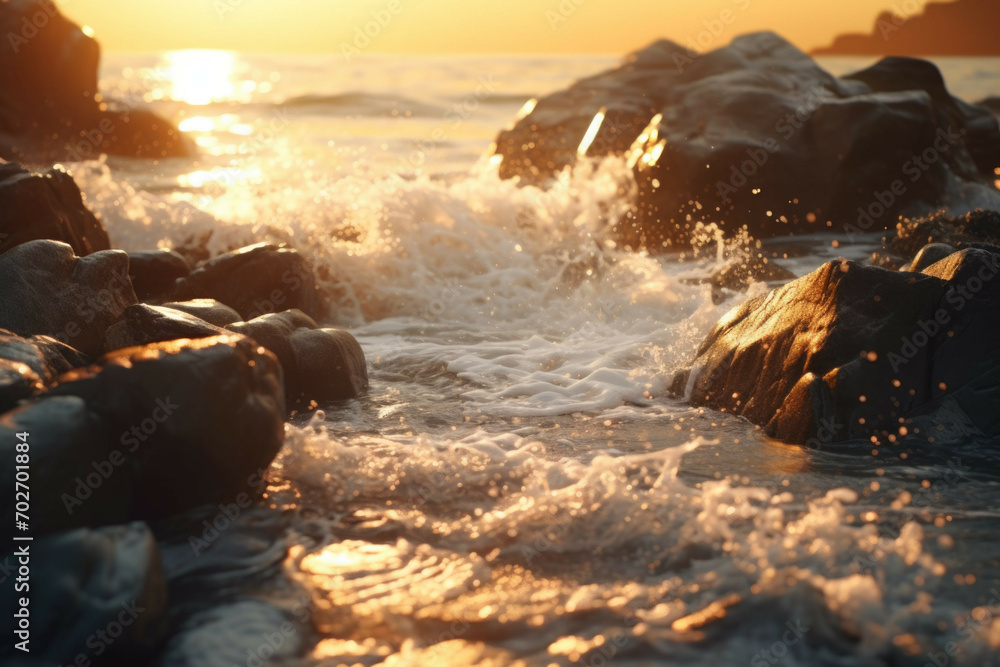 a rocky beach shore, with waves crashing against the rocks and the sun reflecting off the wet surfaces, creating a beautiful and serene atmosphere a rocky beach shore, with waves crashing against the rocks and the sun reflecting off the wet surfaces, creating a beautiful and serene atmosphere