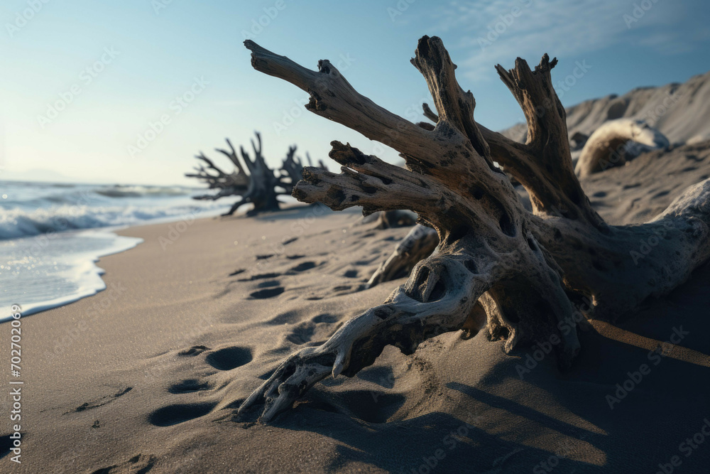a beach with driftwood, with its intricate shapes and textures creating a unique contrast against the sand and sea
