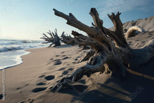 a beach with driftwood, with its intricate shapes and textures creating a unique contrast against the sand and sea