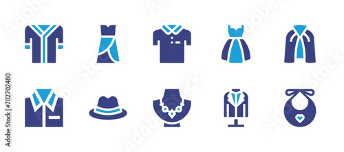 Fashion icon set. Duotone color. Vector illustration. Containing dress, wedding dress, fedora hat, jacket, tshirt, polo, magic cape, shirt, necklace, baby bib. photo