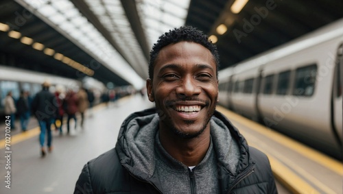 Radiant black man with a contagious smile stands at a bustling train station, jacket zipped up against a blurred train and crowd background, embodying urban commuting with a cheerful demeanor. photo